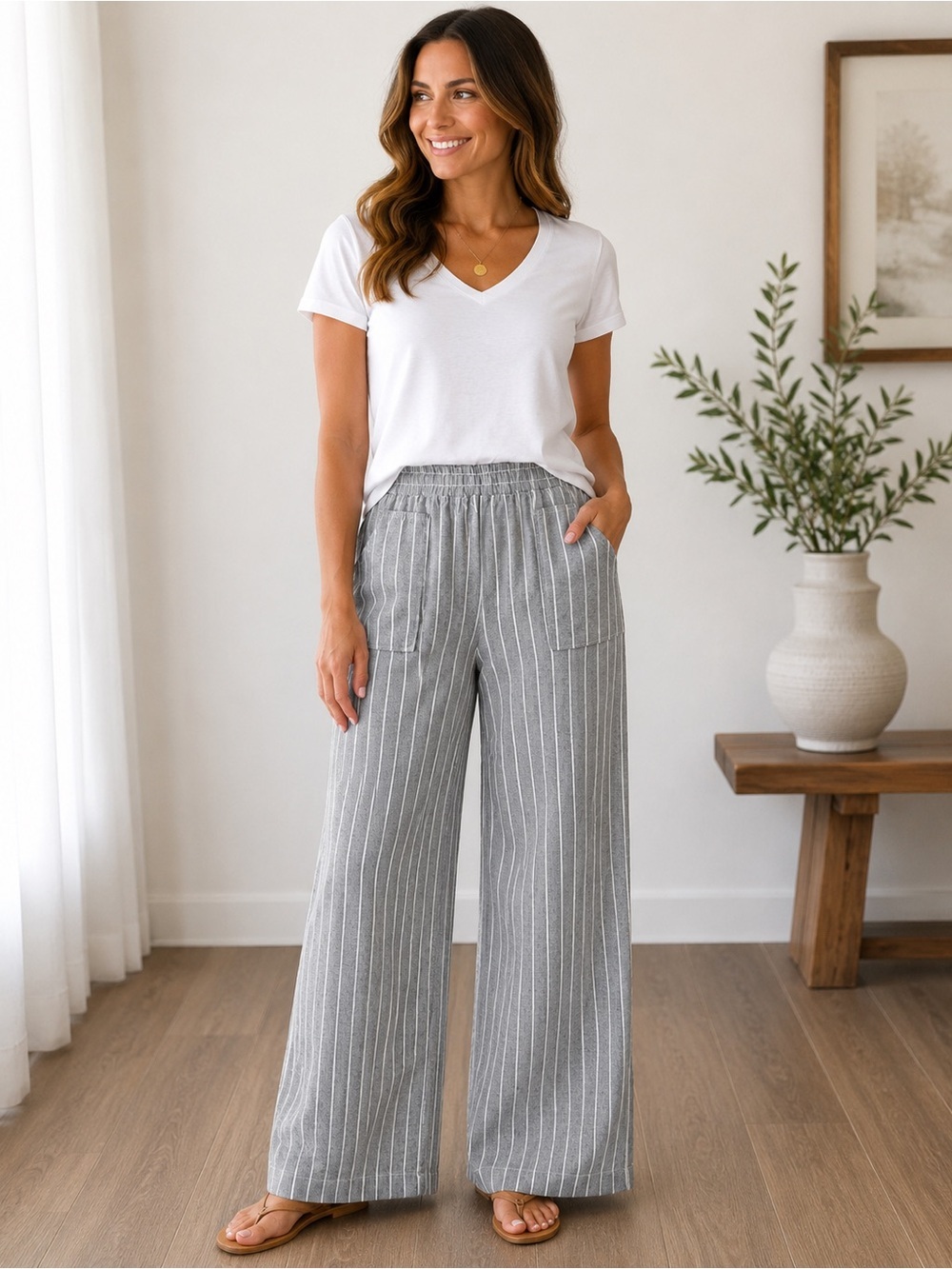 Martha Stewart Collection Striped Linen Blend Wide Leg Pants NWT Medium